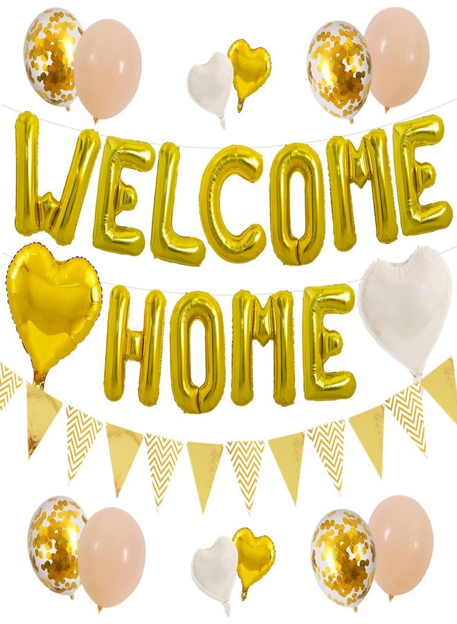 TONIFUL Welcome Home Decorations,16 Inch Gold Welcome Home Foil Balloon Banner Gold Cream White Balloons Pennant Flag Bunting for Homecoming Party House Warming Party Family Gathering Supplies - Image 1